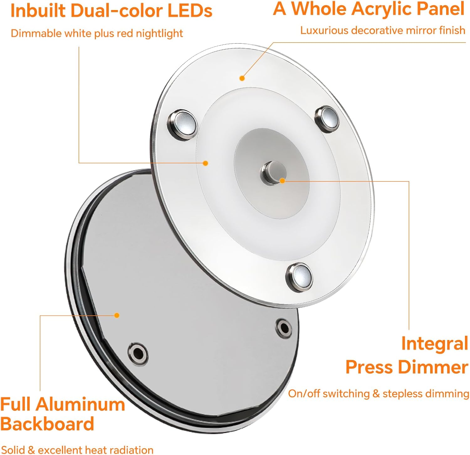 4" Super Slim RV Ceiling Dome Light Interior DC 12V LED Acrylic Light for Motorhome Yachts Trailer Lighting, Built-in Push Button & Red Nightlight, Flush Mount 2Pcs (3000K)