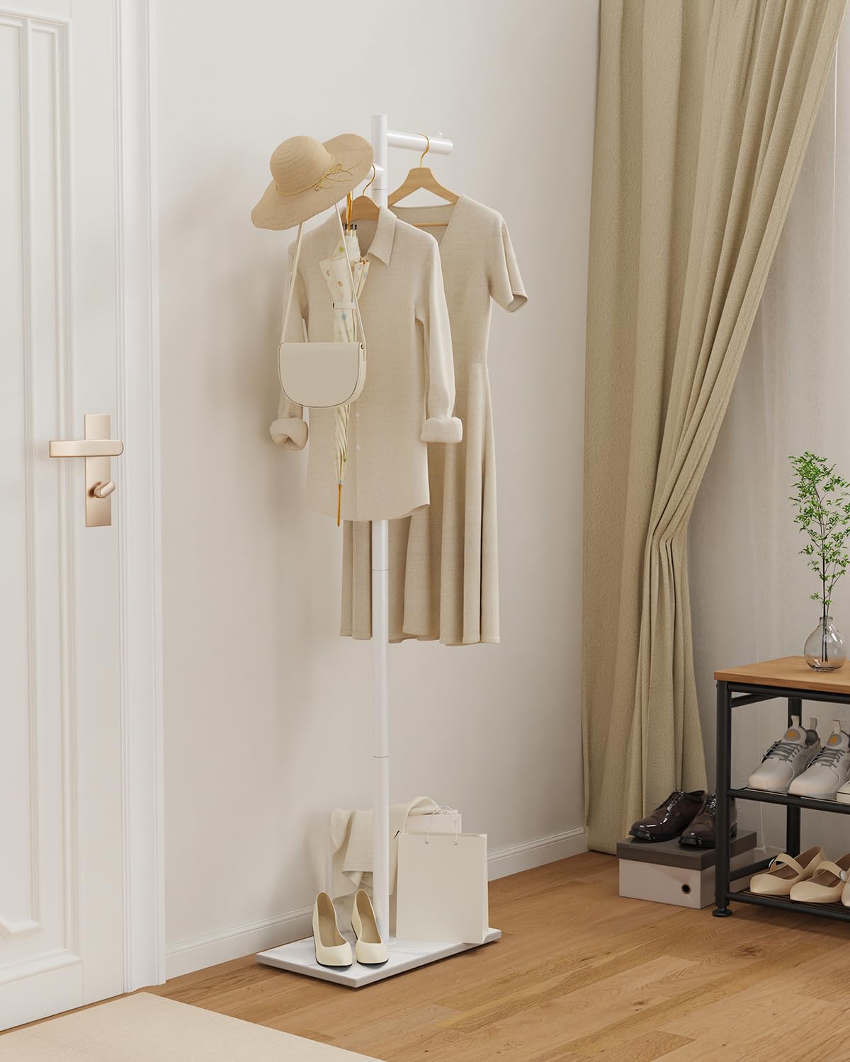 Metall Freistehend Garderobenständer, Jackenständer für Kleidung, Garderobe mit NatüRliche Stabile Felsbasis, 175cm Modern kleiderständer Passend für Jacken, Hüte, Taschen, Weiß