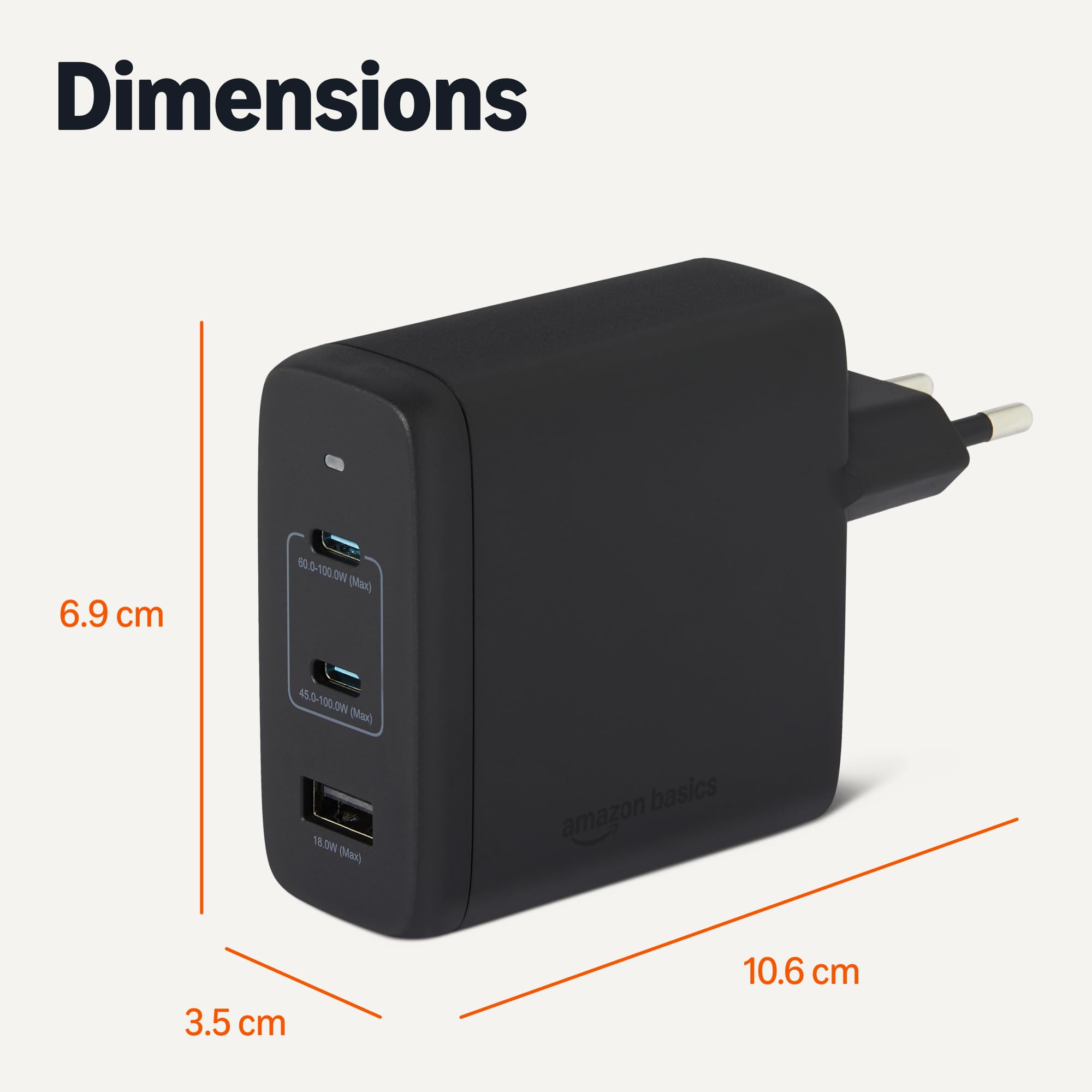 Amazon Basics Chargeur Mural USB C Nano GaN à Chargement Rapide, 120W, 3 Ports, Pour Ordinateurs Portables, Tablettes et Téléphones, Noir