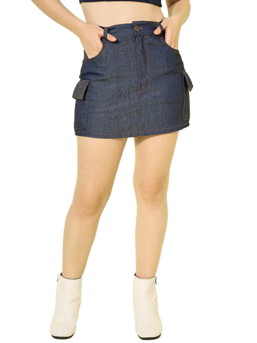 buynewtrend High Waist Casual Women's Denim Cargo Mini Skirt-picture-40