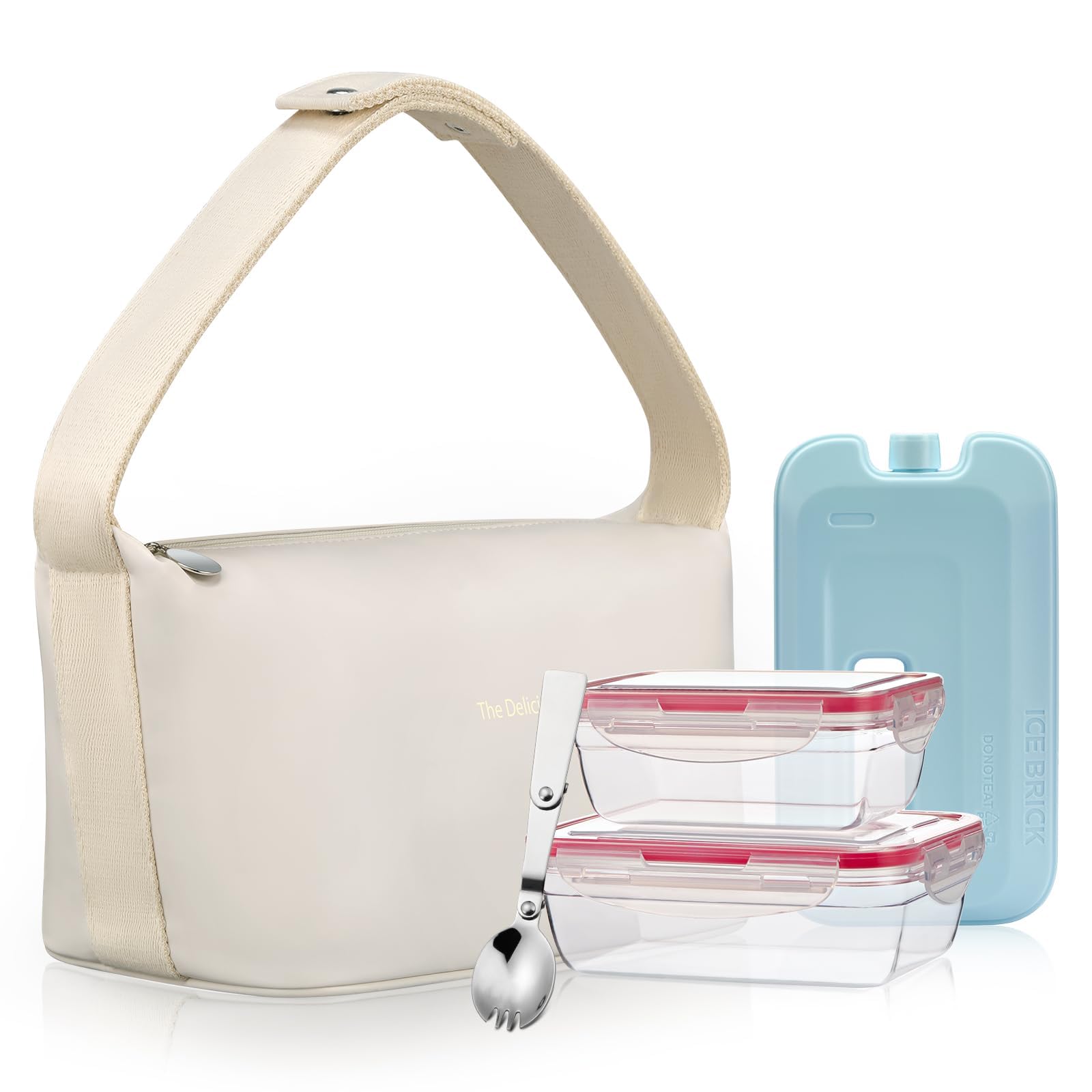 Leather Lunch Bag for Women, Soft Insulated Tote Womens Lunch Bags With 2 Containers, Spoon and Ice Pack（White