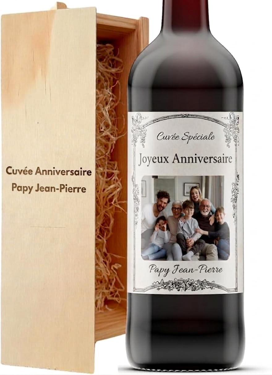 Coffret personnalisé + Bouteille de vin Personnalisable - Cadeau Anniversaire - noël - Retraite - baptême - Mariage - Naissance