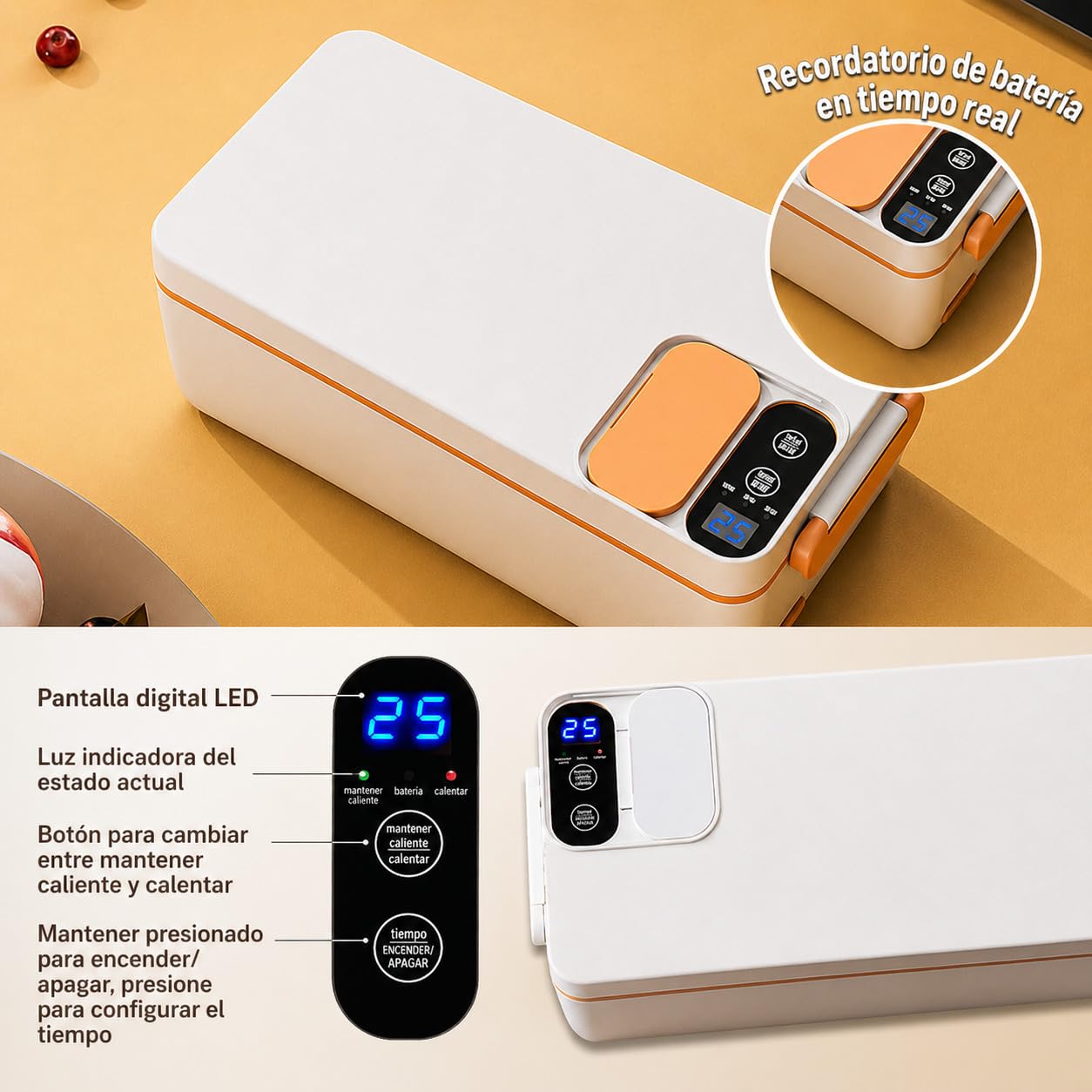 Fiambrera Eléctrica Inalámbrica con Batería 12000mAh 1L, Calentador de Comida Portátil Sin Cable, Taper Eléctrico con Acero Inoxidable, Pantalla y Temporizador, para Trabajo, Oficina, Coche, Camping