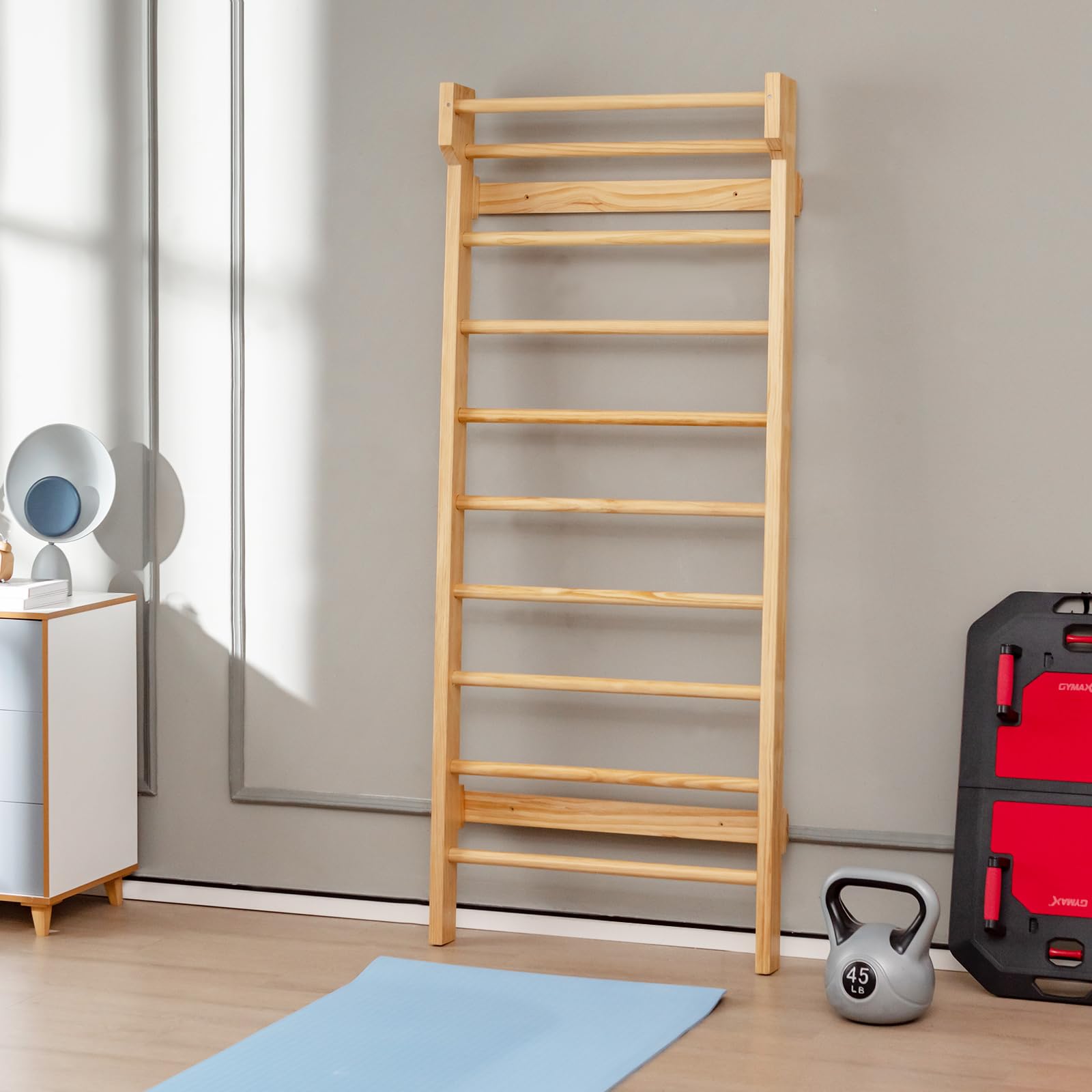 COSTWAY Ścianka ze szczeblami drewnianymi, z drążkiem do podciągania i 10 szczeblami, ścianka gimnastyczna, sprzęt sportowy, obciążenie 150 kg, rusztowanie wspinaczkowe do użytku wewnątrz dla
