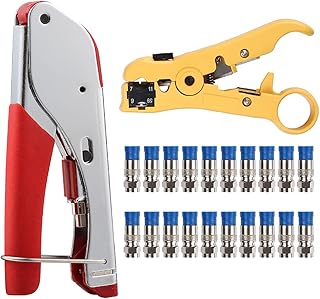 Solsop Coax Cable Crimper Coaxial Rg6 Compression Tool Kit with 20PCS F RG6 Connectors, Coaxial Cable Stripper Cutter for RG7/11 and RG59/6/6Q