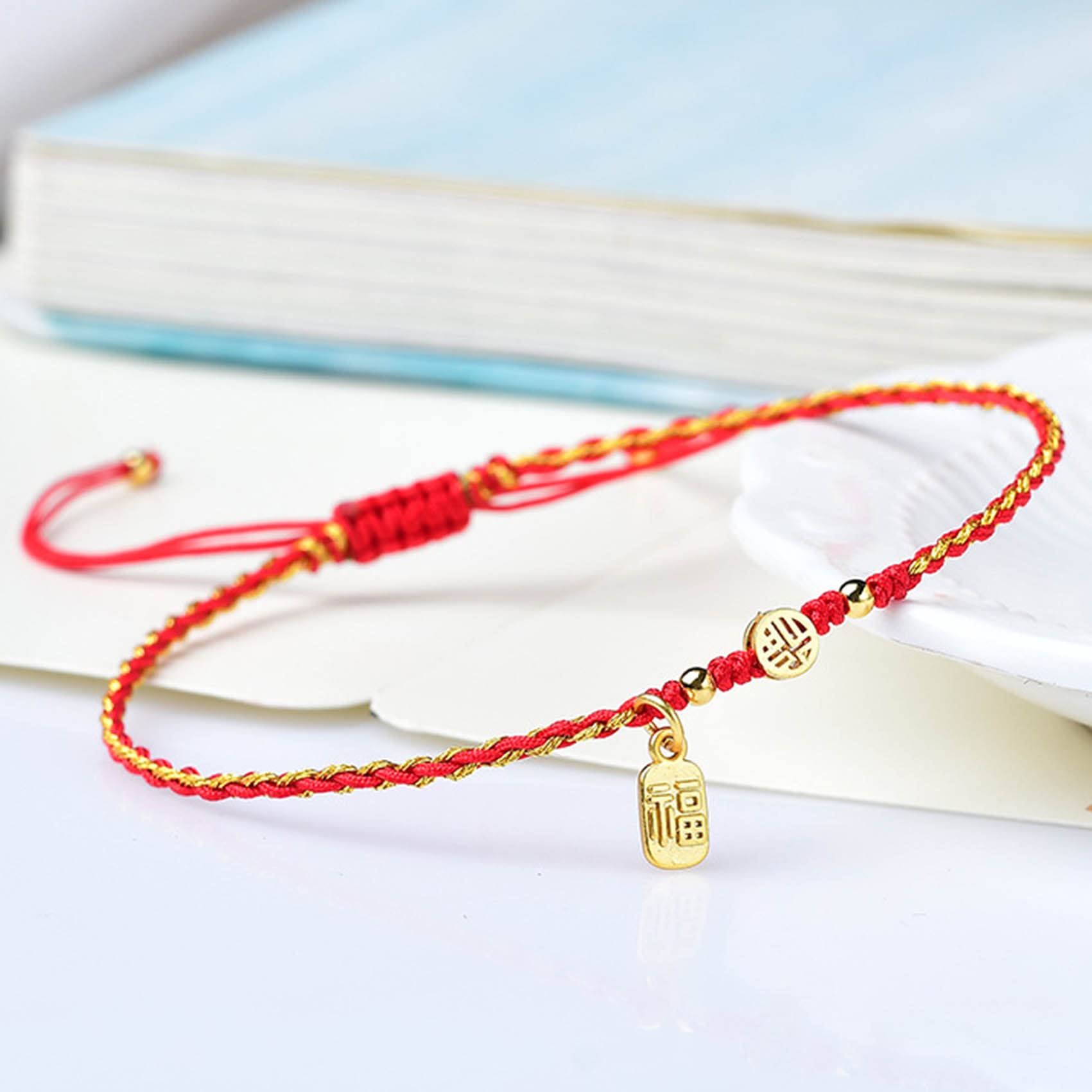 2 Pulseras de pie con Amuleto de la Suerte de Oro Feng Shui de Hilo Rojo para Mujer, Tobillera roja Hecha a Mano, Ajustable, talismán de Buena Fortuna Vintage para atraer Riqueza y Prosperidad