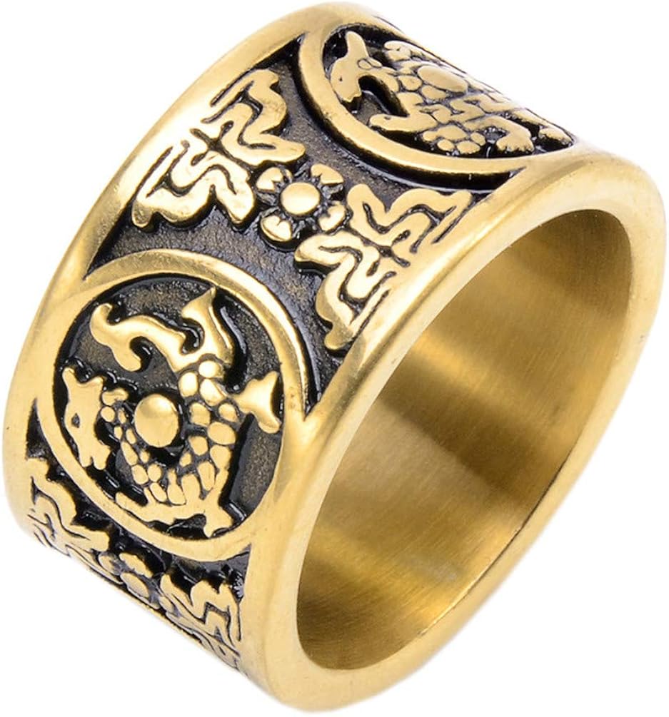PAMTIER Men's Stainless Steel Ring Ancient 4 Guardian Beast, Dragon, White Tiger, Suzaku, Basalt Carved