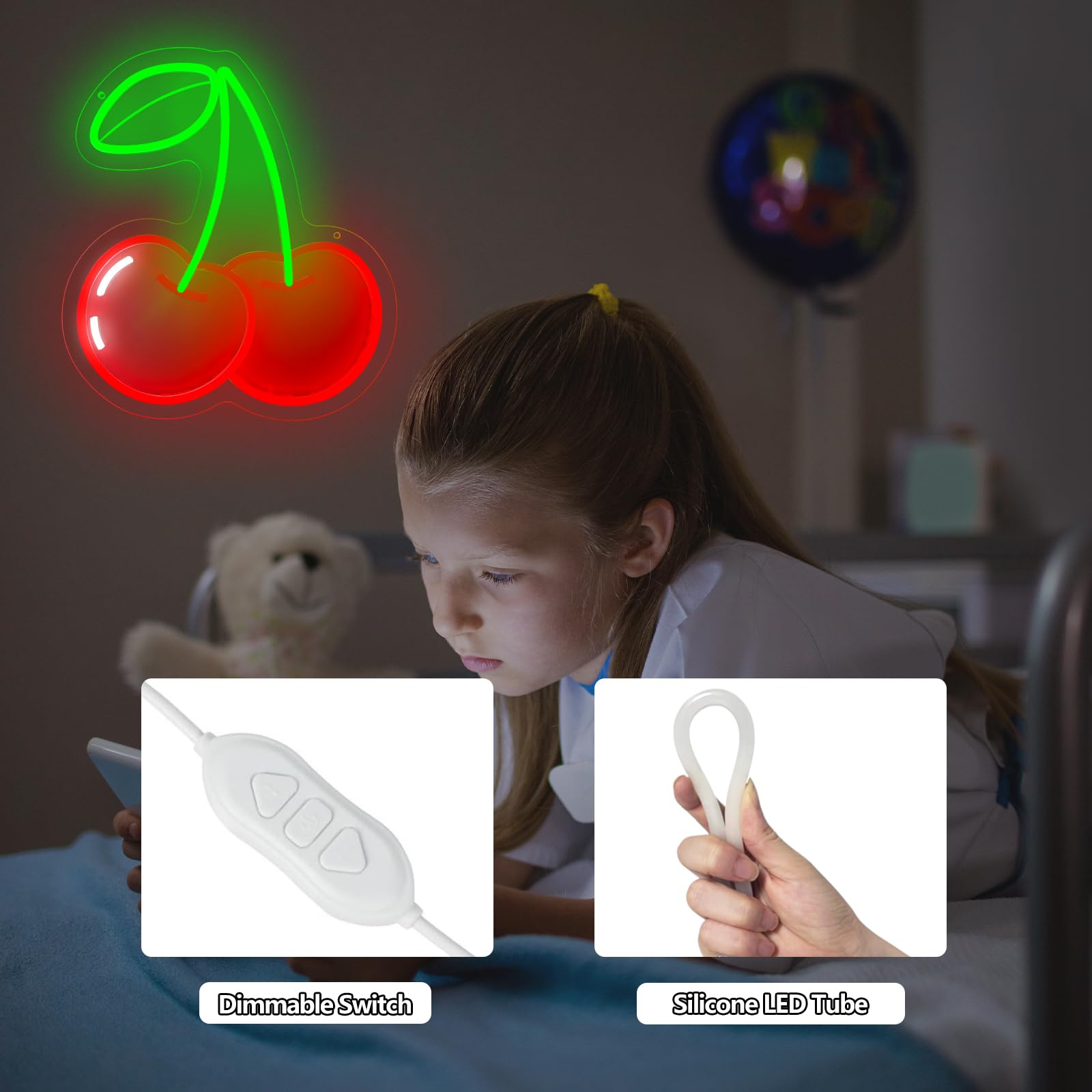 Insegna al neon a forma di ciliegia, decorazione da parete, dimmerabile, con stampa di frutta, luci al neon al neon a tema frutta vibrante per camera dei bambini, camera da letto, ristorante, bar