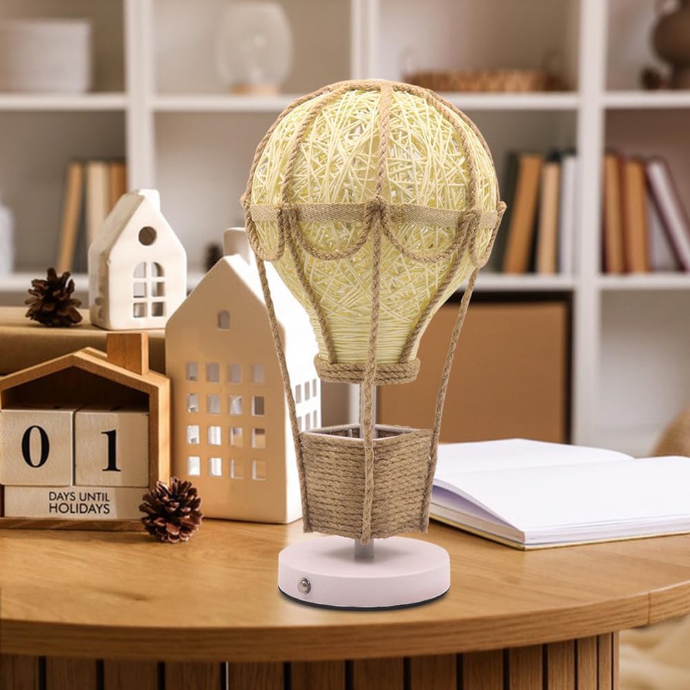 Kinder Nachttischlampe mit Touch Dimmbar, Tischleuchte Boho Kabellos, Kinderzimmer Heißluftballon Lampe Rattan Hanfseil Design Kinder Nachtlicht 3000K Warmes Licht für Schlafzimmer