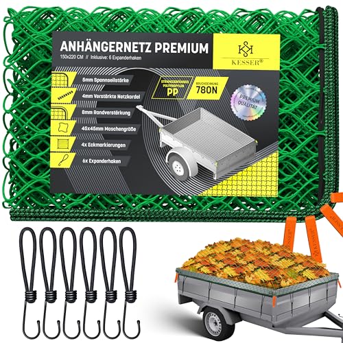 KESSER® Anhängernetz 1,5x2,2m feinmaschig | Hängernetz mit Spannseil & Netzkordel | Containernetz für Ladungssicherung | Sicherungs-Netz Eckmarkierungen Expander-Haken & Befestigungsknöpfen Grün