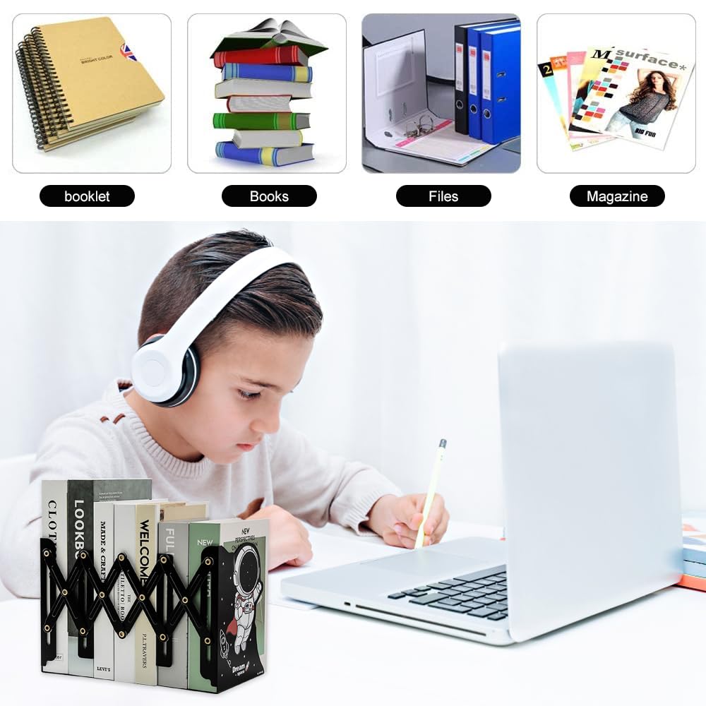 Buchstütze, Buchstützen Metall, Verstellbare Buchstützen, Kinder Cartoon stereoskopisch Bücherstützen, Geeignet für Schlafzimmer, Arbeitszimmer, Büro, Schule (Schwarz B)