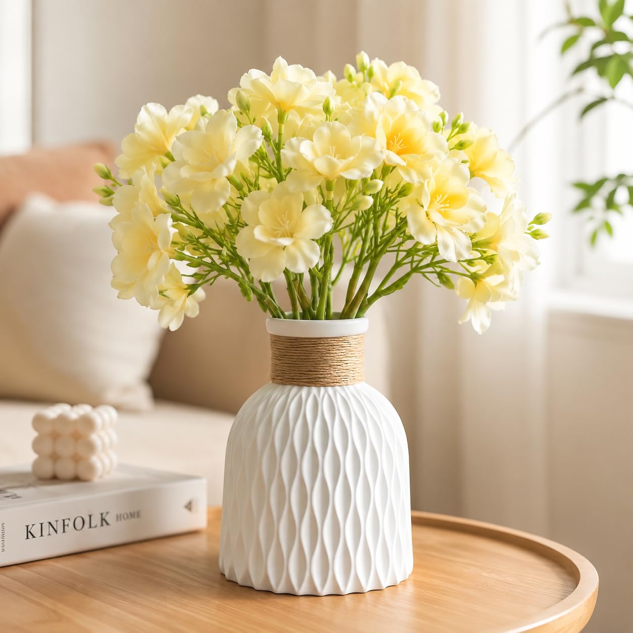 Artificial Flowers with Plastic Vase Combo Set, Cream Faux Flower Bunch with White Decorative Vase, Ready to Display Table Centerpiece for Living Room, Bedroom, Office, Shelf and Gift Decor-image-1