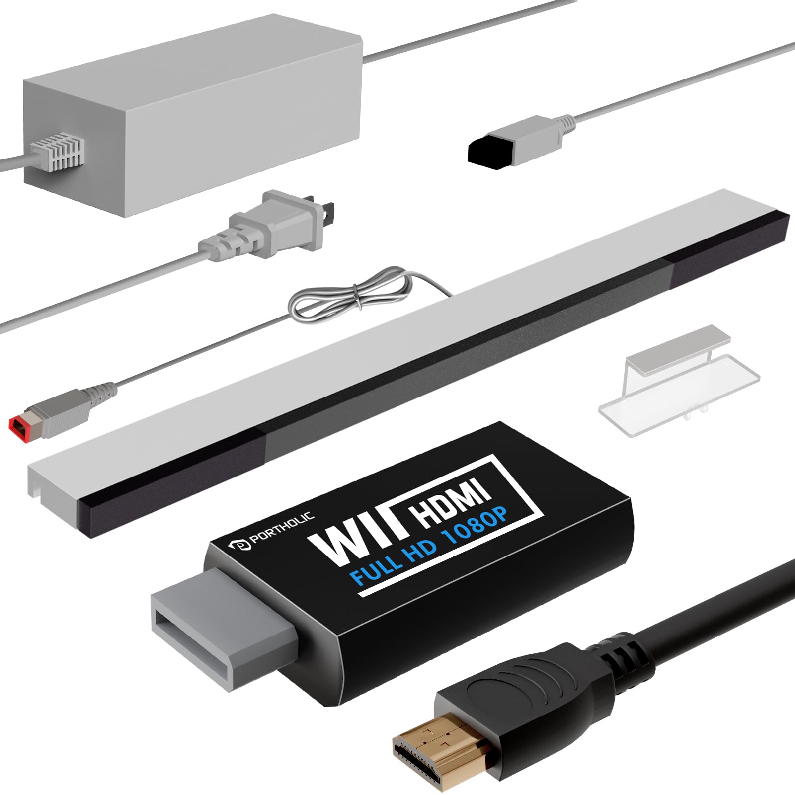 PORTHOLIC 4 in 1 Wii Replacement Cables Set, Wii AC Power Adapter + Wii to hdmi Converter+ Wired Motion Sensor Bar and Composite Audio Video Cable for Nintendo Wii