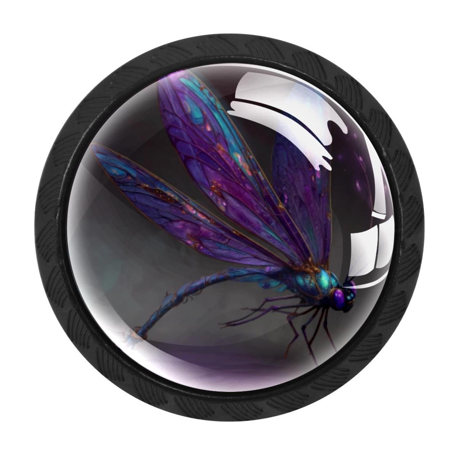 CHENZZZZ 4 Pieces Fantasy Dragonfly (1) Drawer Knobs, 35mm Black Kitchen Cabinet Knobs, Drawer Pulls and Knobs, Glass Cabinet Hardware Single Hole Knob for Cabinets and Drawers Round