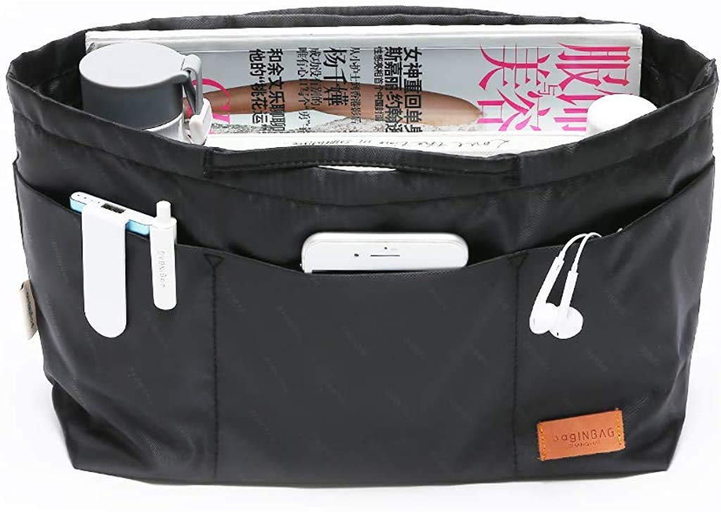 iN. Organizer do torebki Wkładka z zamkiem błyskawicznym Tkanina nylonowa dla kobiet Torebki i torba na torby czarna Rozmiar: Mały: 33 cm (góra)/22 cm (dół) L × 12 cm szer. × 19 cm wys