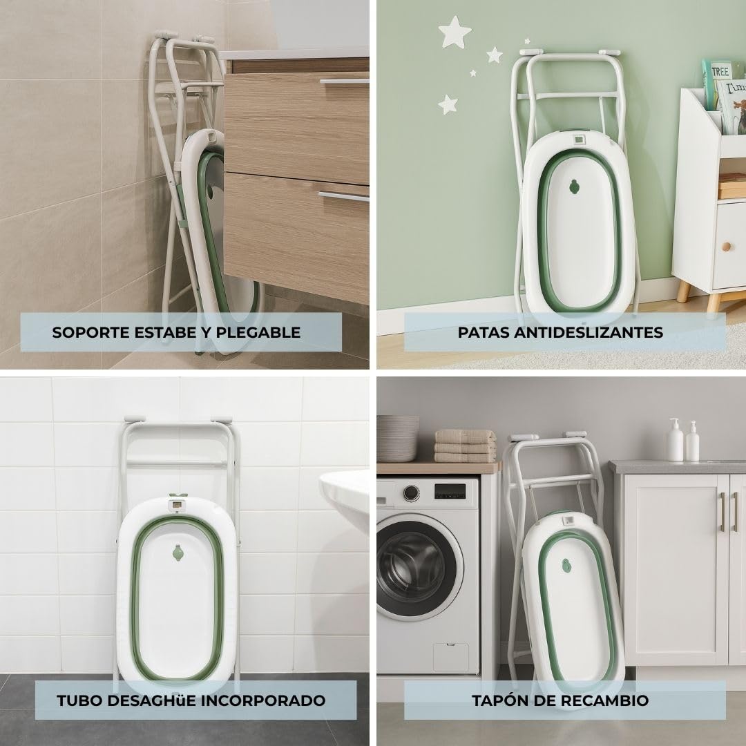 BATHBY | Bañera Plegable para Bebé con Soporte, Cojín Reductor y Termómetro | Set Completo para Recién Nacido | Compacta, Segura y Fácil de Transportar | (Verde SUP)