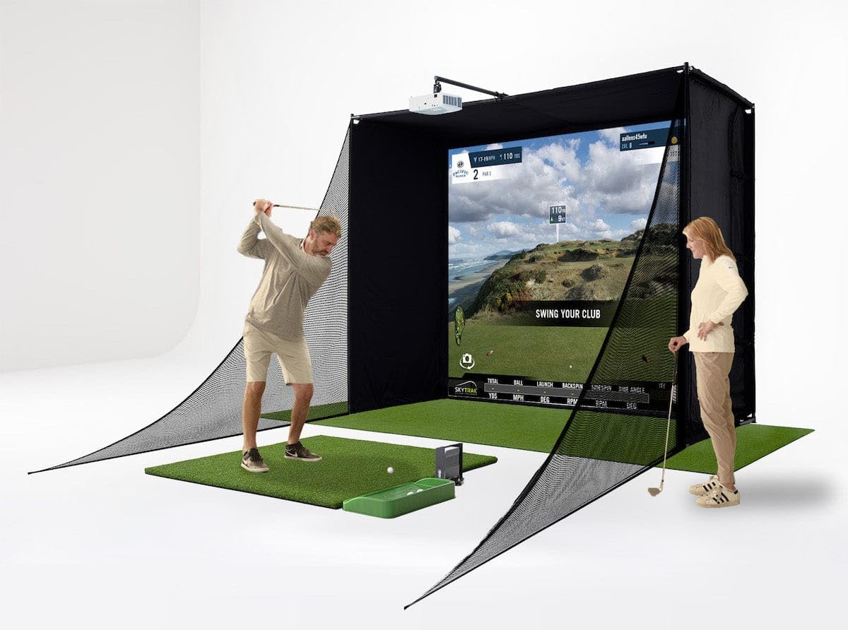 SkyTrak Golf Simulator Studio Pro Package Launch Monitor, Metal Protective Case, Enclosure, Simulator Software, Hitting Mat, Projector and Ball Tray - Improve Your Game from Home
