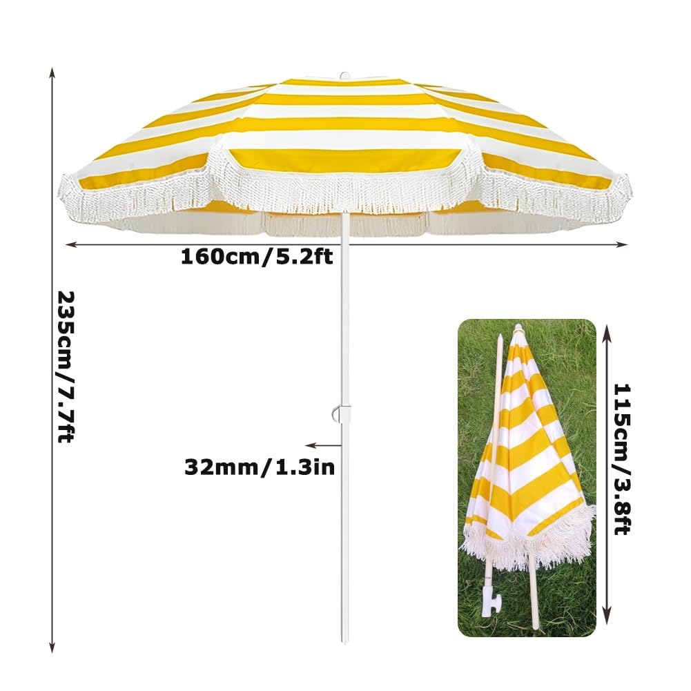 160 cm Parasol Ogrodowy, Parasol Plażowy Pochylany, Parasol na Plażę z Frędzlami, Składany Parasol Tarasowy, Żółty Pasek