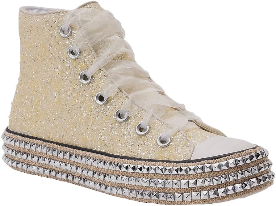 Womens High-Top Canvas Sneakers Studded Rhinestone Side Shoes Lace Up Fashion Shoes Casual Platform Ankle Boots