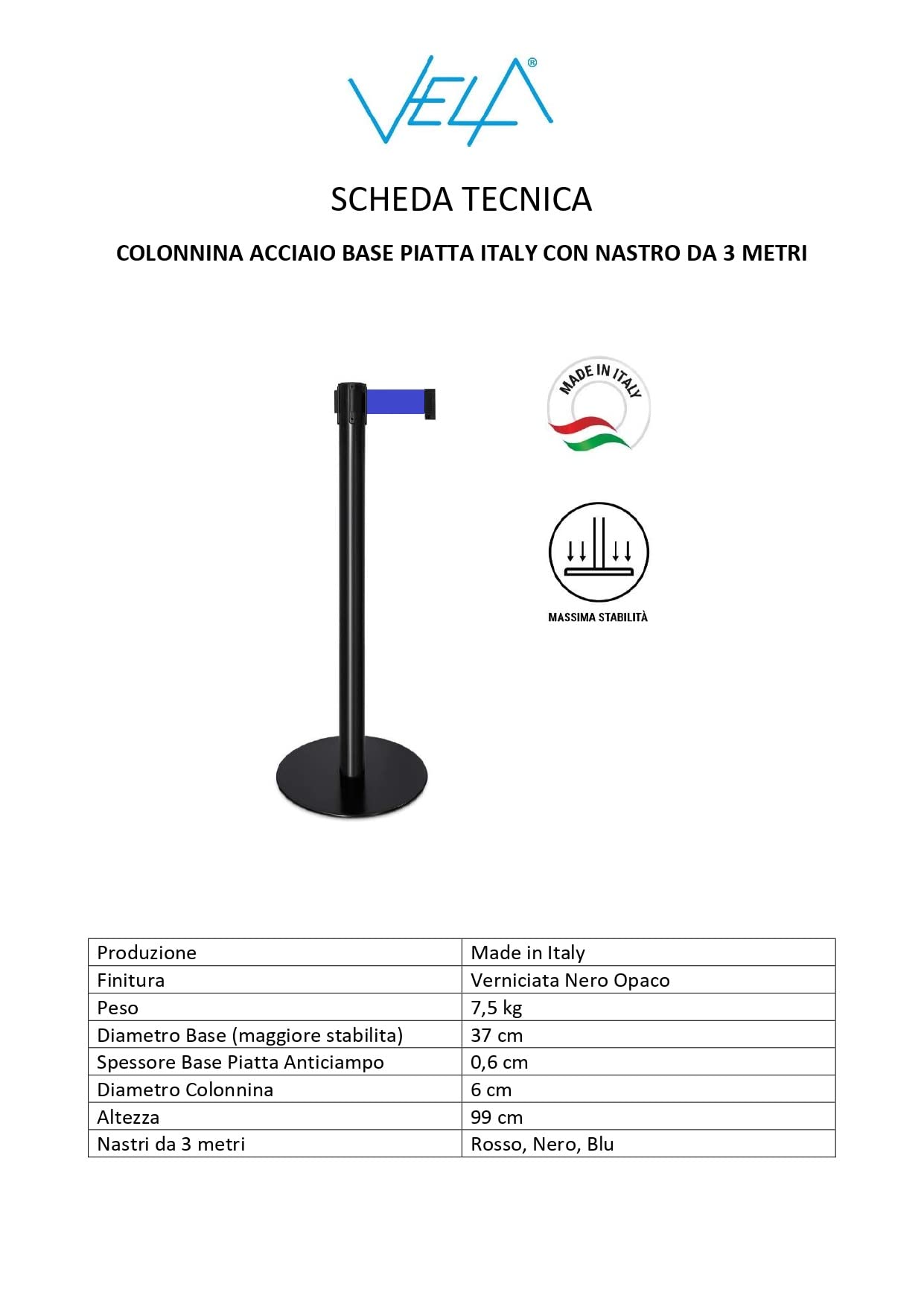 VelaSystem | Colonnine Segnapercorso Base Piatta Nere con Nastro da 3 metri |MADE IN ITALY| Anticiampo e Calpestabile (BLU)