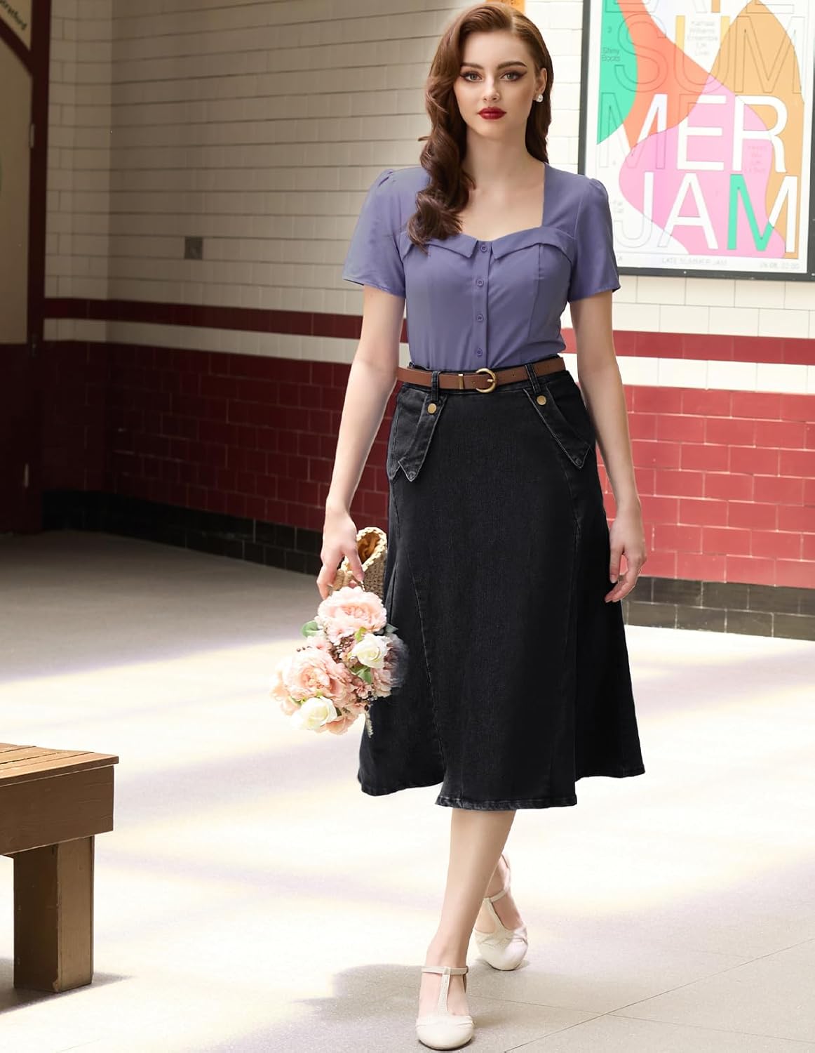 Belle Poque Women's Denim Skirts Vintage Elastic High Waist A-Line Long Maxi Jean Skirts with Pockets - Image 4