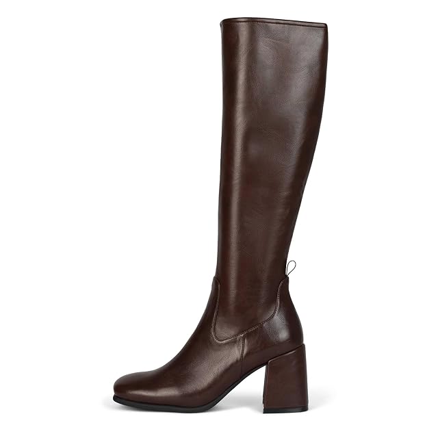 Womens Brown Knee High Boots Square Toe Chunky Heel Tall Boots Fashion Party Wide Calf Long Boots with