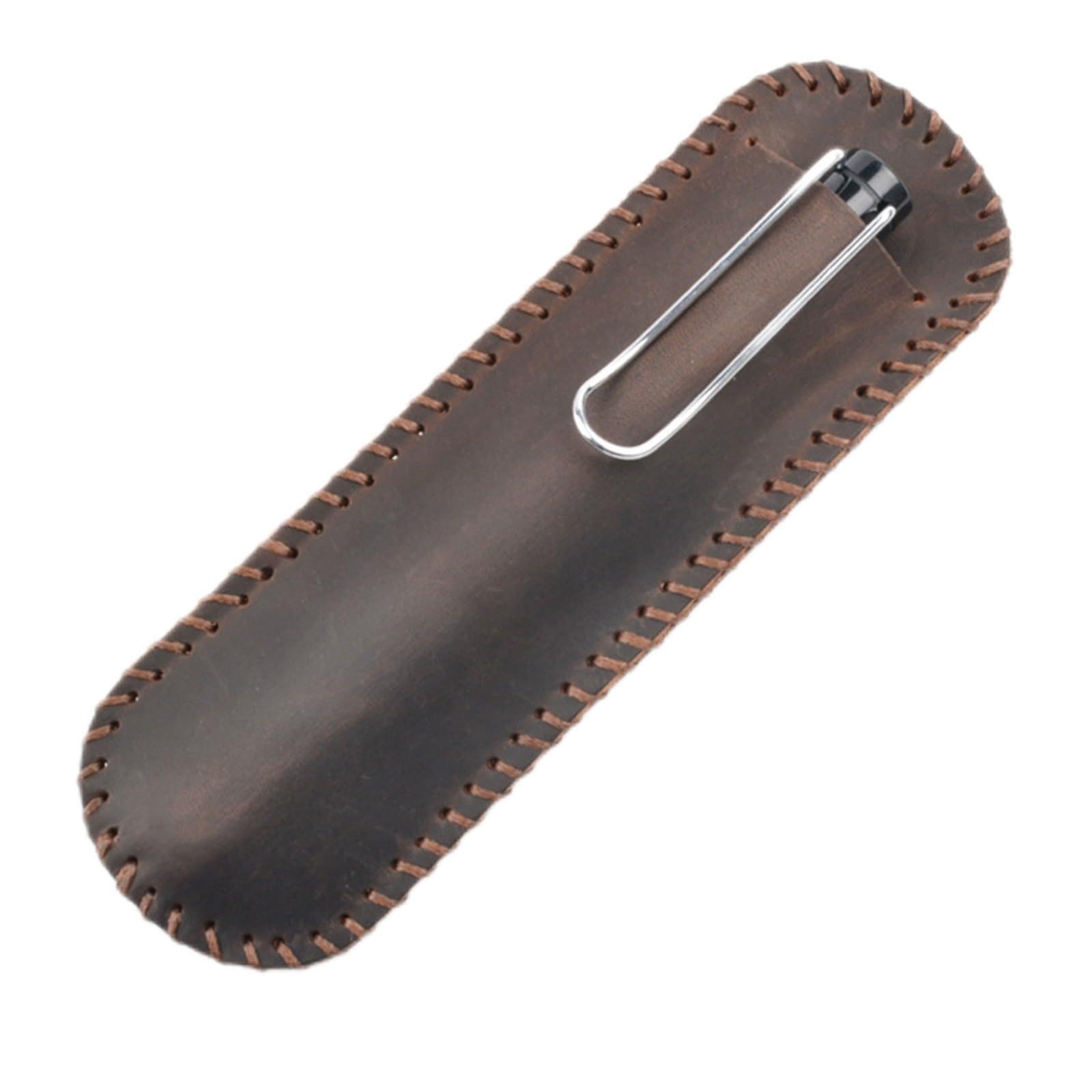 Étui à stylo en cuir marron 16,6x5,3cm avec surpiqûre colorée
