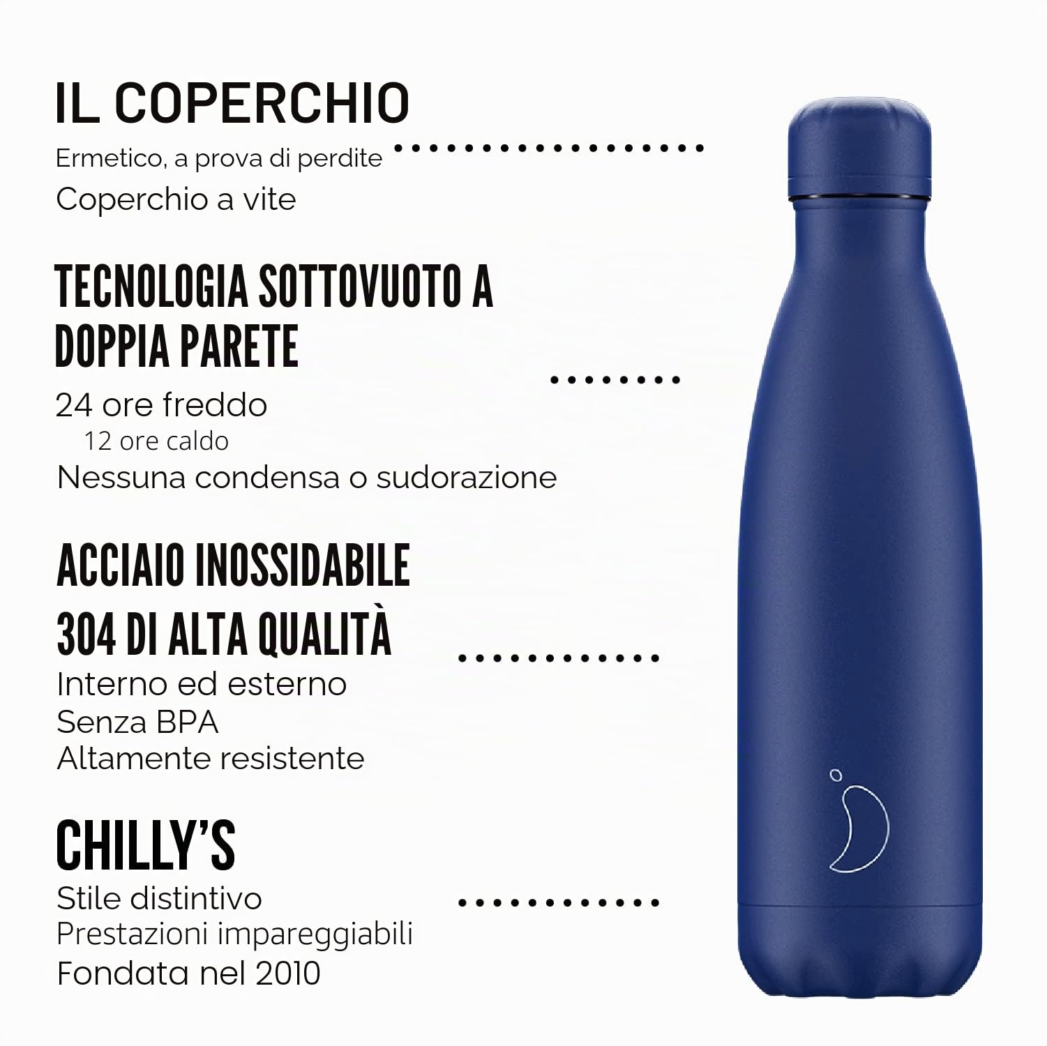 Chilly's Original Borraccia - Borraccia in Acciaio Inossidabile con Isolamento Sottovuoto, Riutilizzabile, per Bevande Calde e Fredde - A Prova di Perdite, Senza Condensa - Matte - All Blue - 500ml