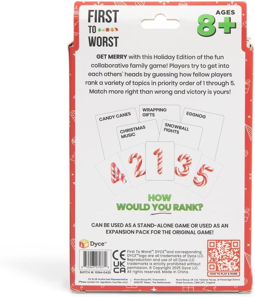 First to Worst Holiday Party Game Travel Edition - A Festive Card Game About How Your Friends & Family Rank Things for White Elephant Parties, Stocking Stuffers & Board Games Groups