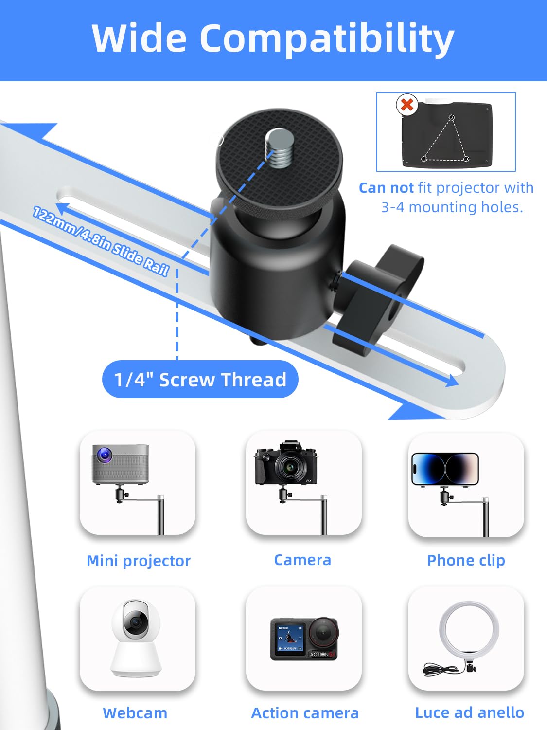suptek Supporto da pavimento per proiettore video discreto dietro il divano, altezza regolabile da 8cm-12cm con rotazione di 360 gradi,Supporta Fino a 5 kg,Compatibile con proiettori,fotocamere,Bianco