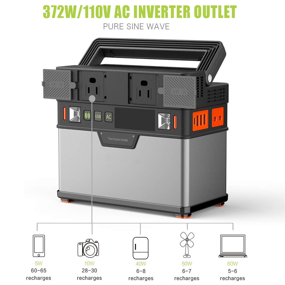 Generatore portatile da esterno YKLL, generatore portatile da 372 Wh, stazione di alimentazione da 300 W, alimentazione di emergenza con inverter CC CA, uscita wireless, per campeggio, casa, viaggio