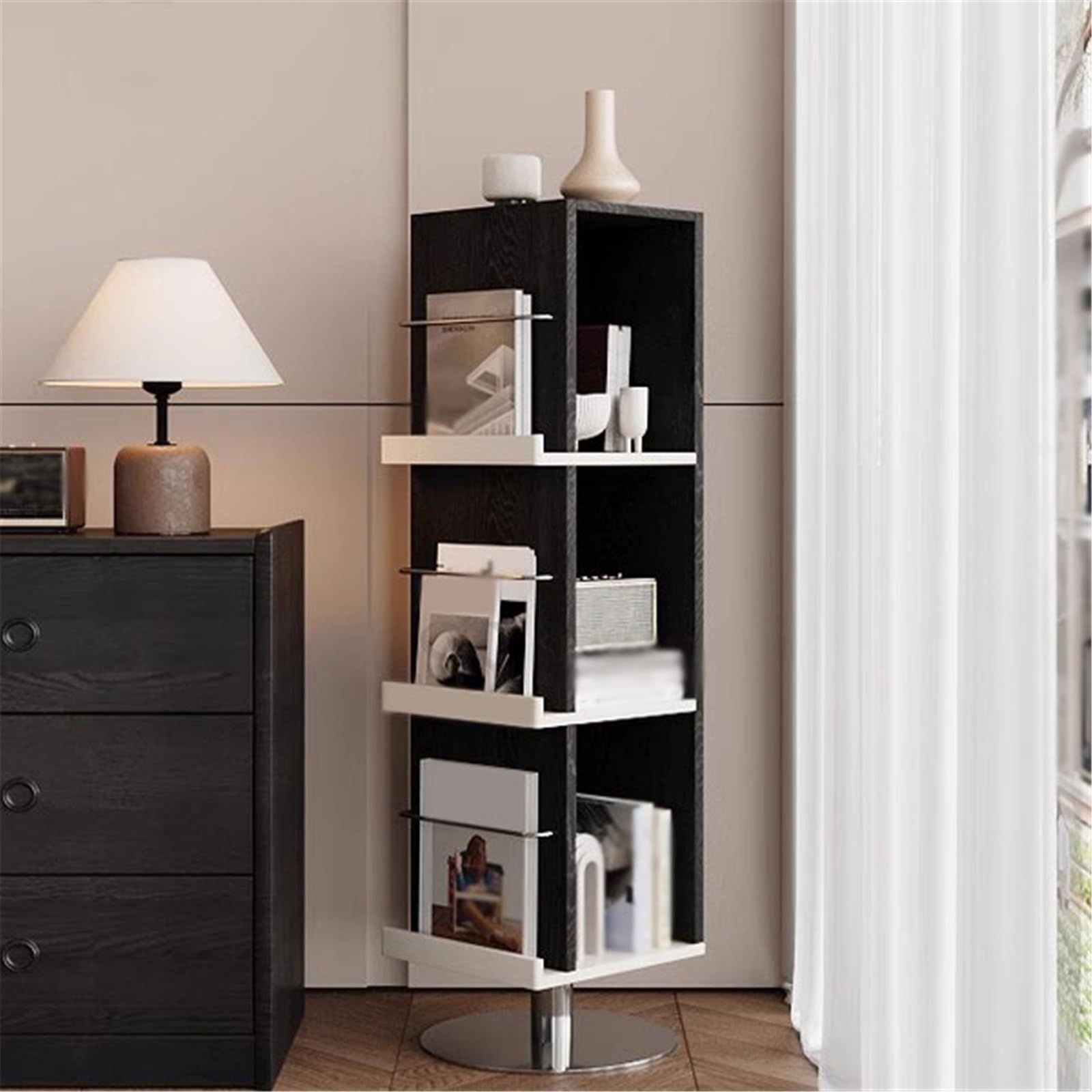 Rack per dischi Porta CD girevole, libreria in legno, porta riviste da pavimento con base in acciaio inossidabile