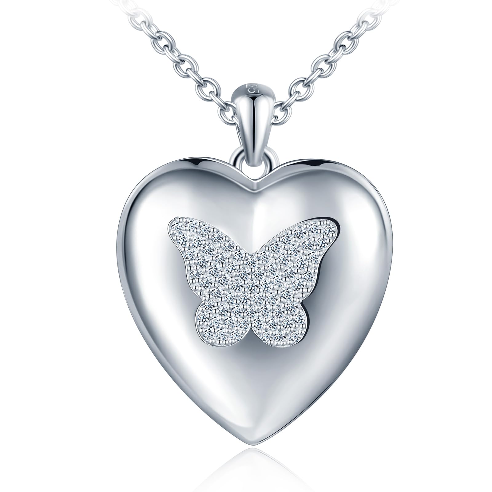 Collana da donna in argento Sterling 925 con ciondolo a forma di cuore e farfalla, con zirconi, apribile per foto