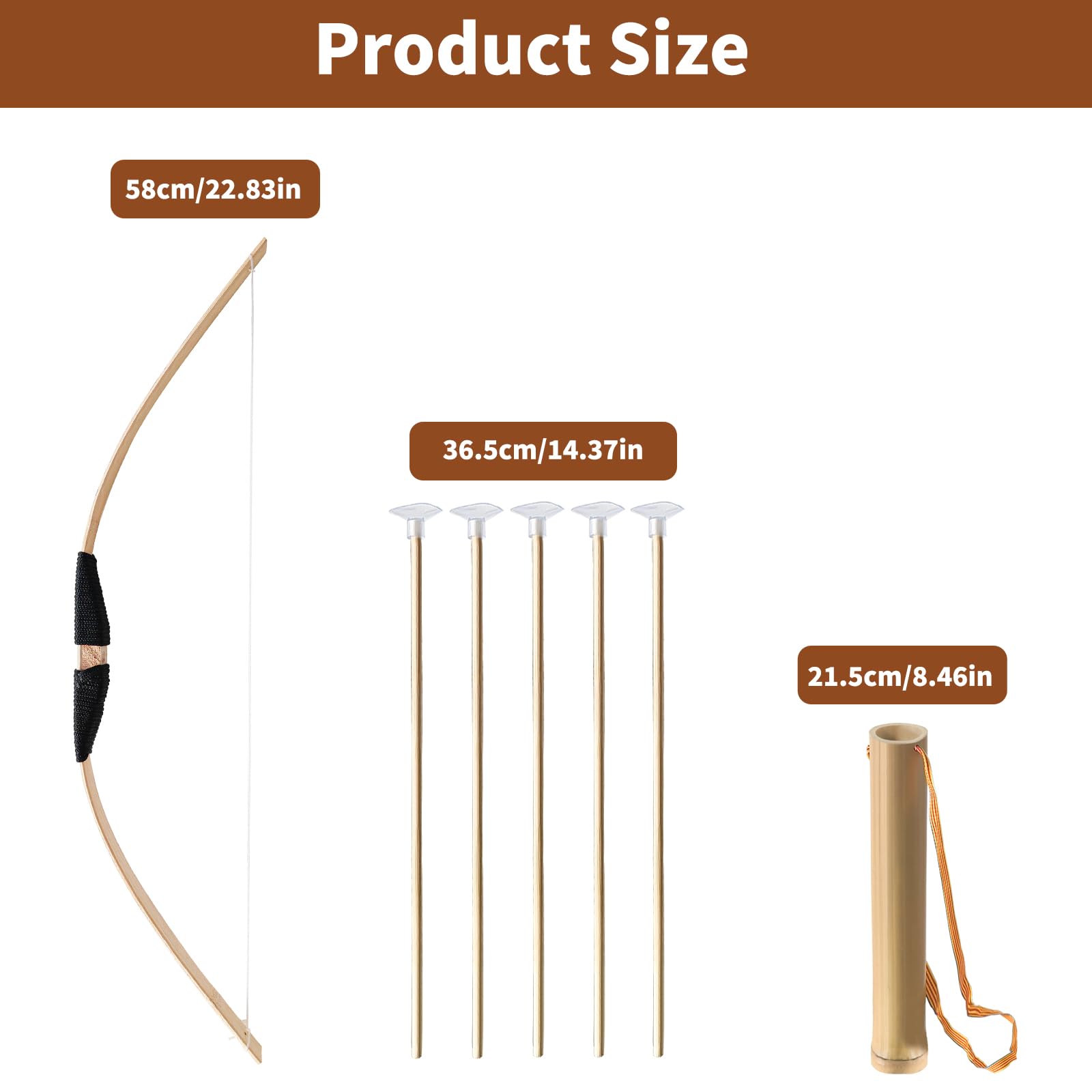 Bow and Arrow Set, Wooden Archery Set, Youth Bow and Arrow Set for 15, Cosplay Costume Prop Bow & Arrow with 1 Bamboo Quivers and 5 Targets