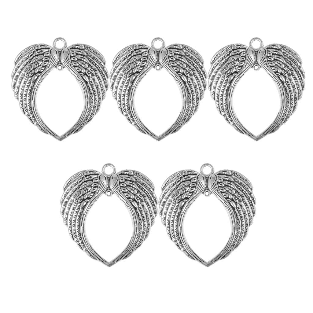 sharprepublic Pack of 5 Angel Wing Charms Pendants Craft Supplies Love Heart Beads for Jewelry Making Accessories for Bracelets Necklace DIY Crafting - Antique Silver, 73 x 65mm
