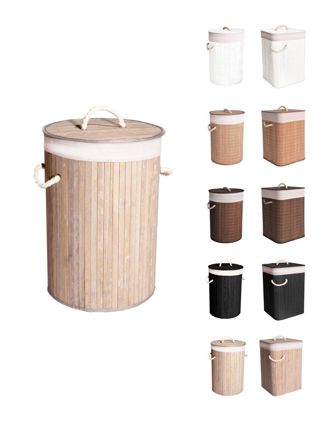 JARDIN202 - Cesto Ropa Sucia Bambú – Cesta de la Colada Plegable con Bolsa Extraíble y Asas - Cubo Ropa con tapa | Redondo (Haya)