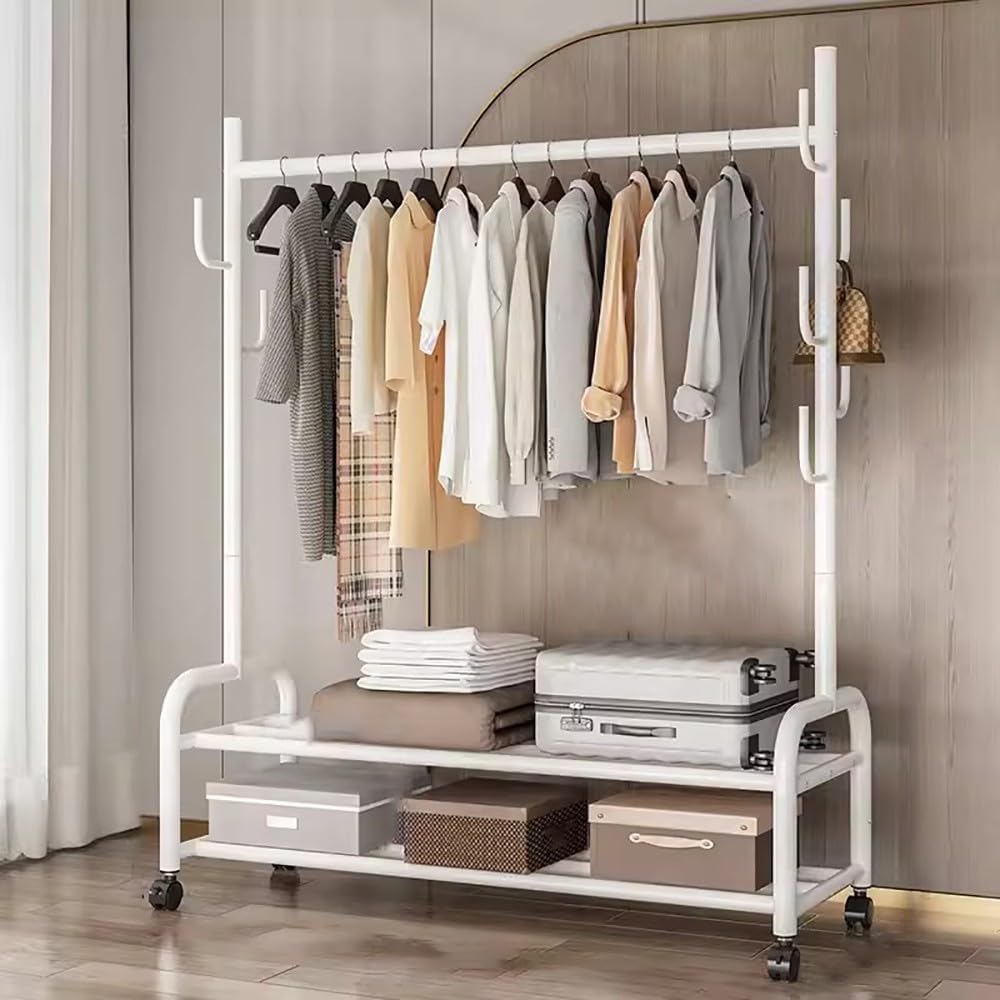 MYUYEE Heavy-Duty Clothes Rack On Wheels, Metal Clothes Rail, Multifunctional Mobile Coat Rack With Shoe Rack And 7 Hooks For Bedroom, Hallway, 120/150 * 37 * 165Cm(C-120Cm)