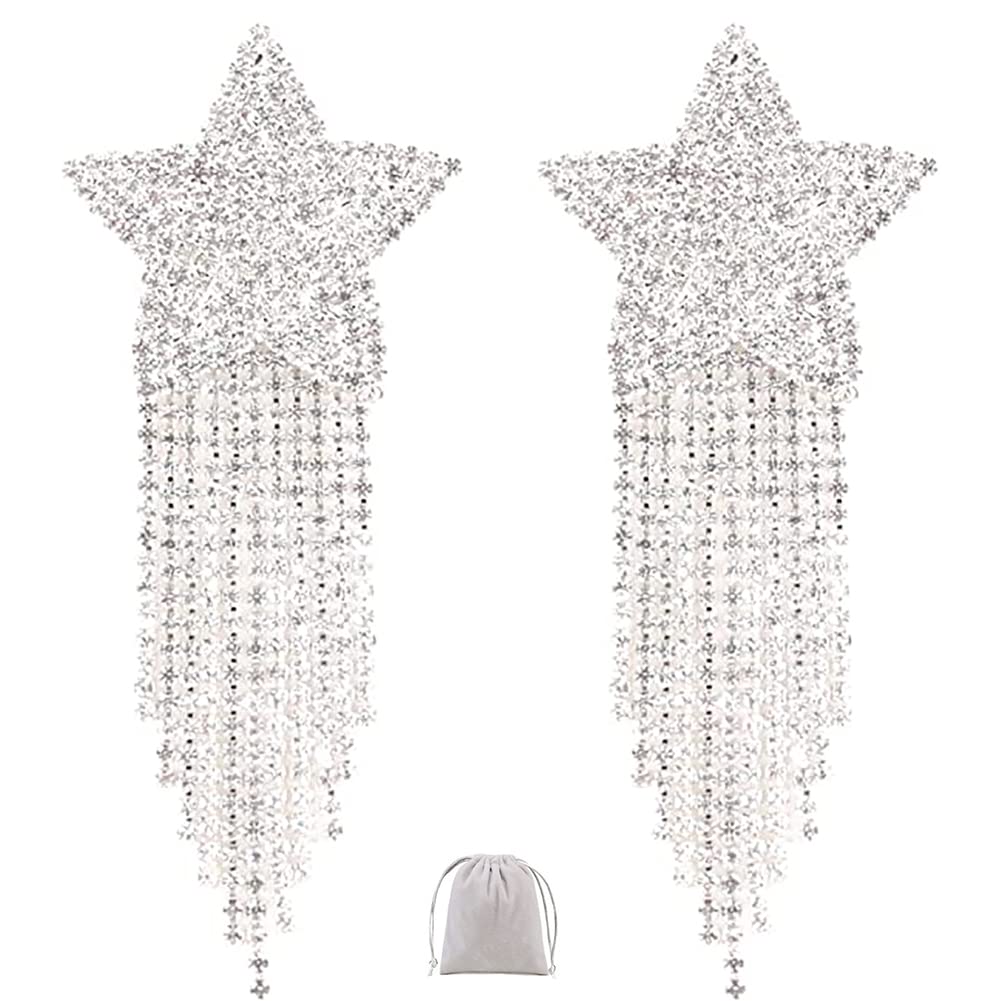 Women's Silver Shiny Rhinestone Nipple Cover Reusable Sparkly Star Pasties Breast Petal Sticker With Crystal Tassel, One Size