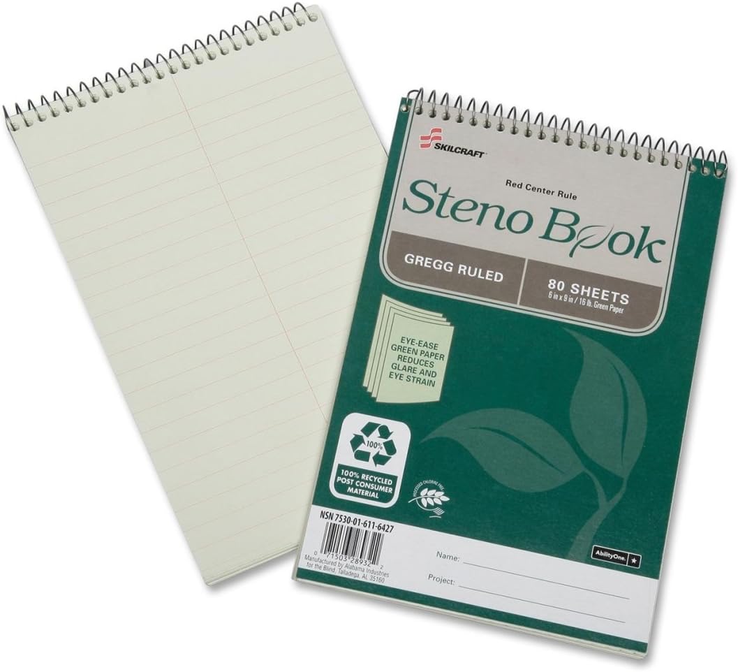 Skilcraft Gregg Ruled Recycled Steno Notebook - 80 Sheet - 16 lb - Gregg Ruled - 6quot; x 9quot; - 6 / Pack - Green Paper