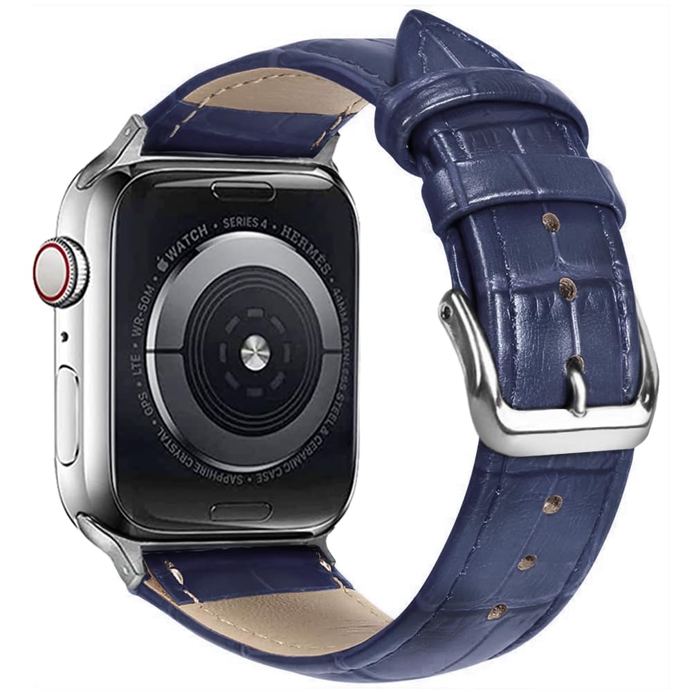 Compatible with Apple Watch Bands 41mm/40mm/38mm 49mm/45mm/44mm/42mm Alligator Leather Replacement Strap for iWatch Series 9/8/7/6/5/4/3 Ultra/SE Bicolor for Men and Women (Navy, 41mm/40mm/38mm)