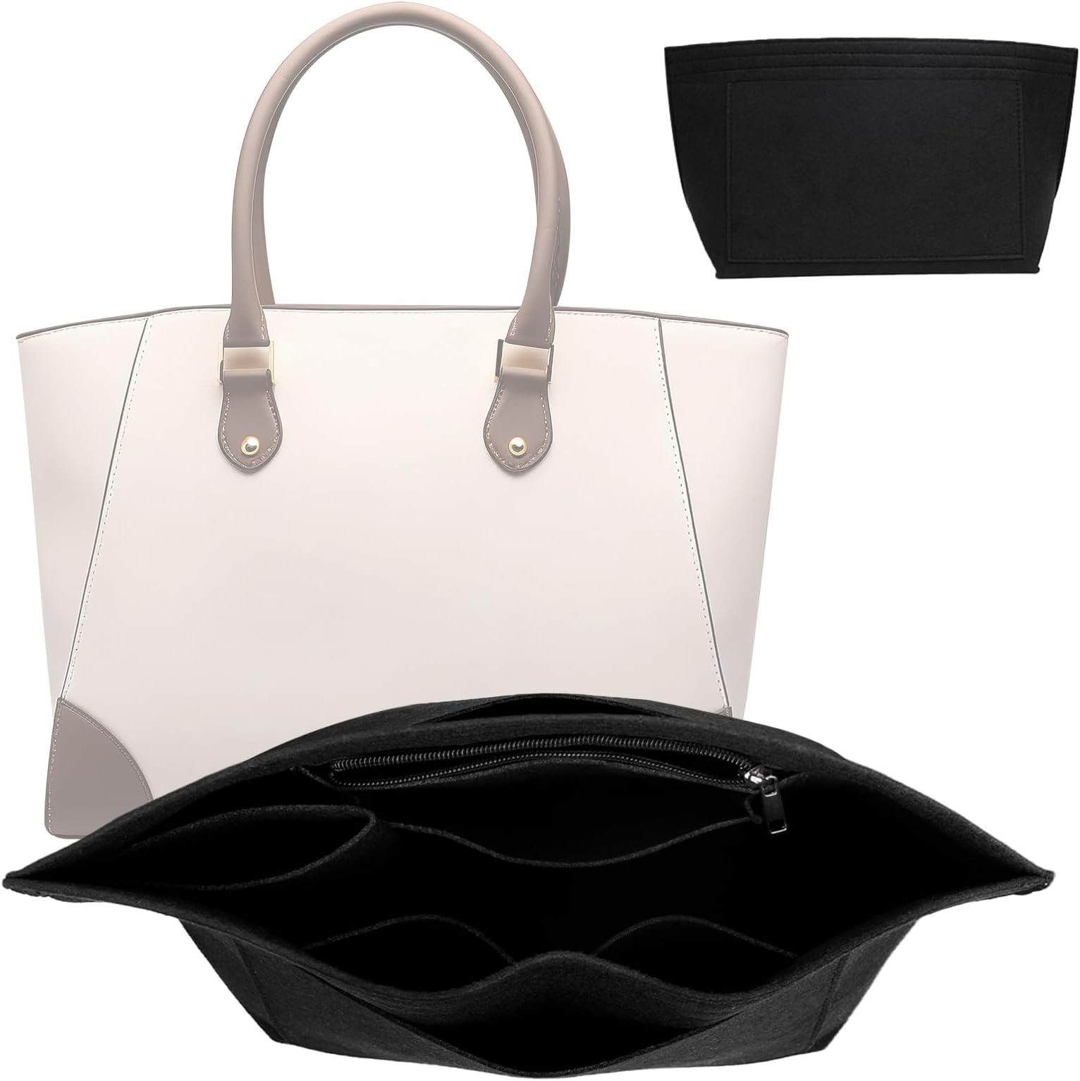 ASSRECT Bag Organiser Medium, Multi-Pocket Felt Handbag Organiser, Foldable Tote Insert with Metal Zipper for Longchamp (Black, M)