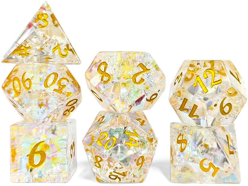 Transparent Polyhedral Dice Set, Clear Crystal with Gold Numbers, 7-Piece RPG Gaming Dice, Holographic Rainbow Effect