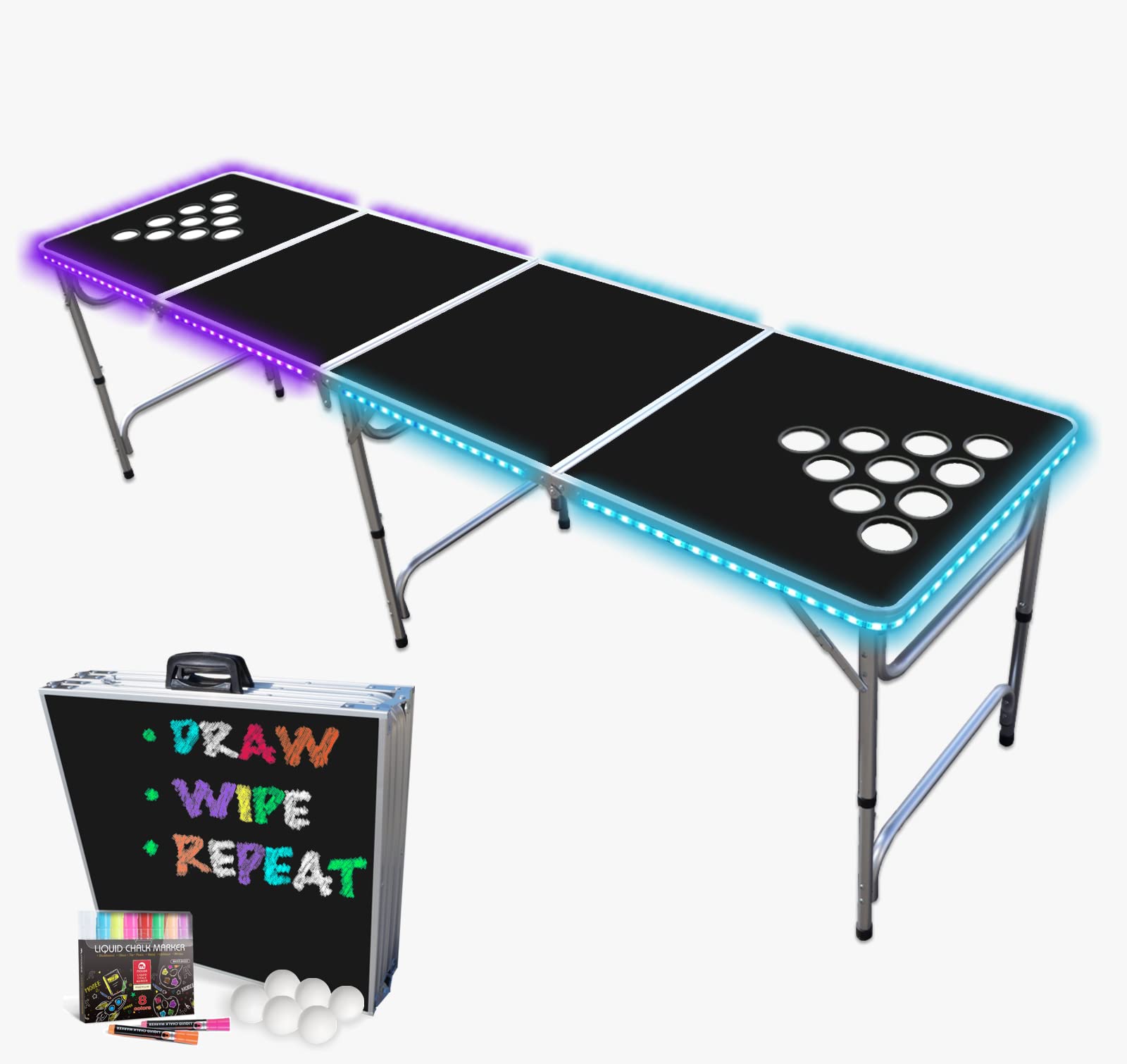 Photo 1 of 8-Foot Beer Pong Table w/Optional Cup Holes & LED Color-Changing Glow Lights - 11 Table Designs Available Black Erasable w/ Holes & LED Lights