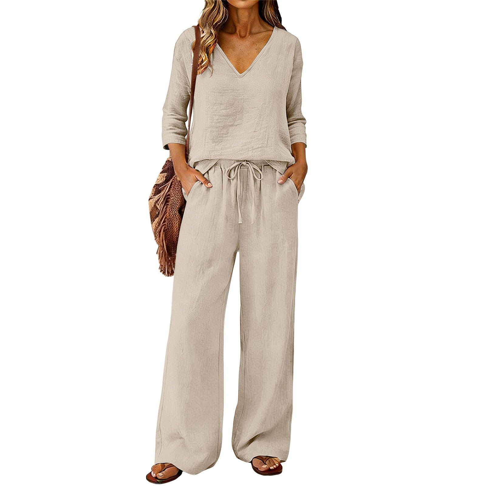 Zweiteiler Damen Sommer Shirt 3/4 Arm Sommerhose Leicht 2 Teiler Hosenanzug Elegant Outfits Jogginganzug Freizeitanzug Lounge Set Baumwolle Strand Hose Und Oberteil Trainingsanzug