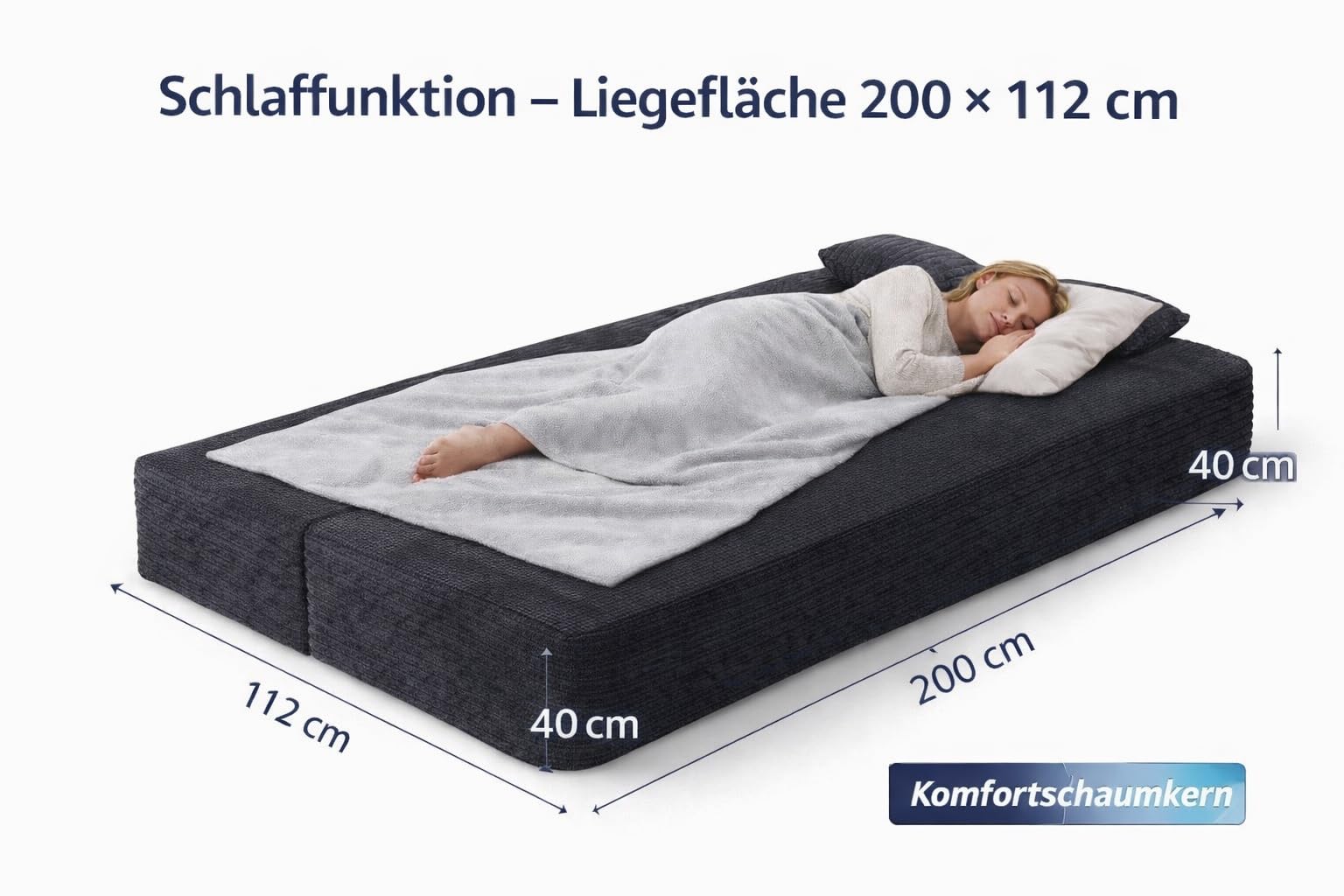 Schaum-Sofa 3-Sitzer 200 cm mit Schlaffunktion, Abnehmbarer Bezug, modern & bequem (Dunkelgrau)