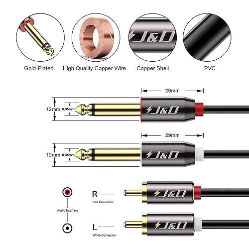 Miniatura 2 de J&D Cable RCA a 14, doble cable de interconexión de audio estéreo TS a doble RCA, carcasa de cobre chapada en oro, resistente, 0.079 x 0.250in 14