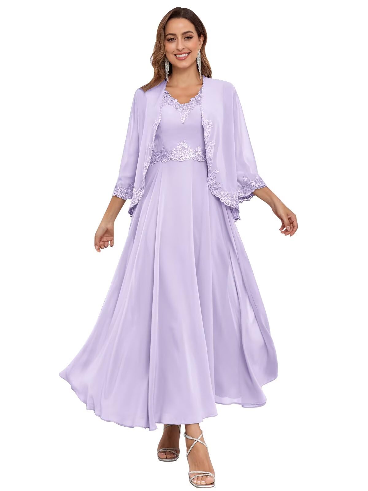 Bolodoo 2 Pieces Mother of The Bride Dresses with Jacket Sequins Lace Chiffon Formal Evening Wedding Guest Dress