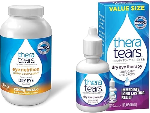 TheraTears Suplemento Omega 3 de 1200 mg para nutrición ocular, aceite de pescado orgánico de triglicérido de linaza y vitamina E, 180 unidades y