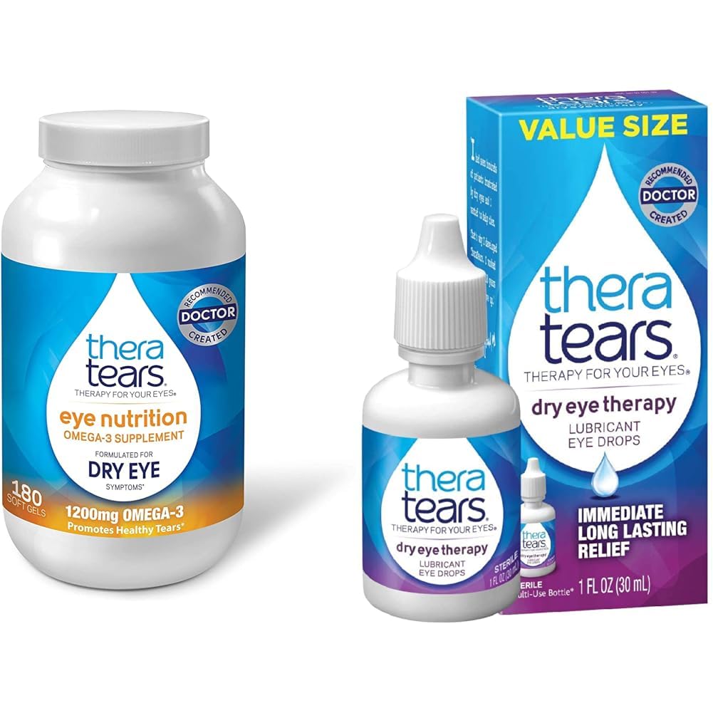 TheraTears 1200mg Omega 3 Supplement for Eye Nutrition Organic Flaxseed Triglyceride Fish Oil and Vitamin E 180 Count