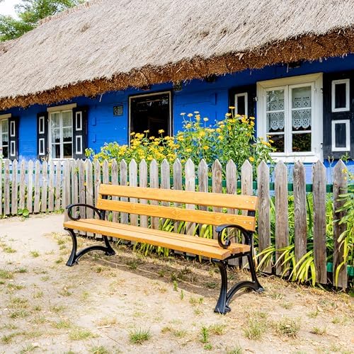 REKORD Panchina da Giardino 170 x 59 x 73 cm Panchina da Esterno in Legno e Metallo con Schienale Resistente alle Intemperie Panchina per Giardino Terrazzo Balcone o Parco – GDANSK BIS - Teak
